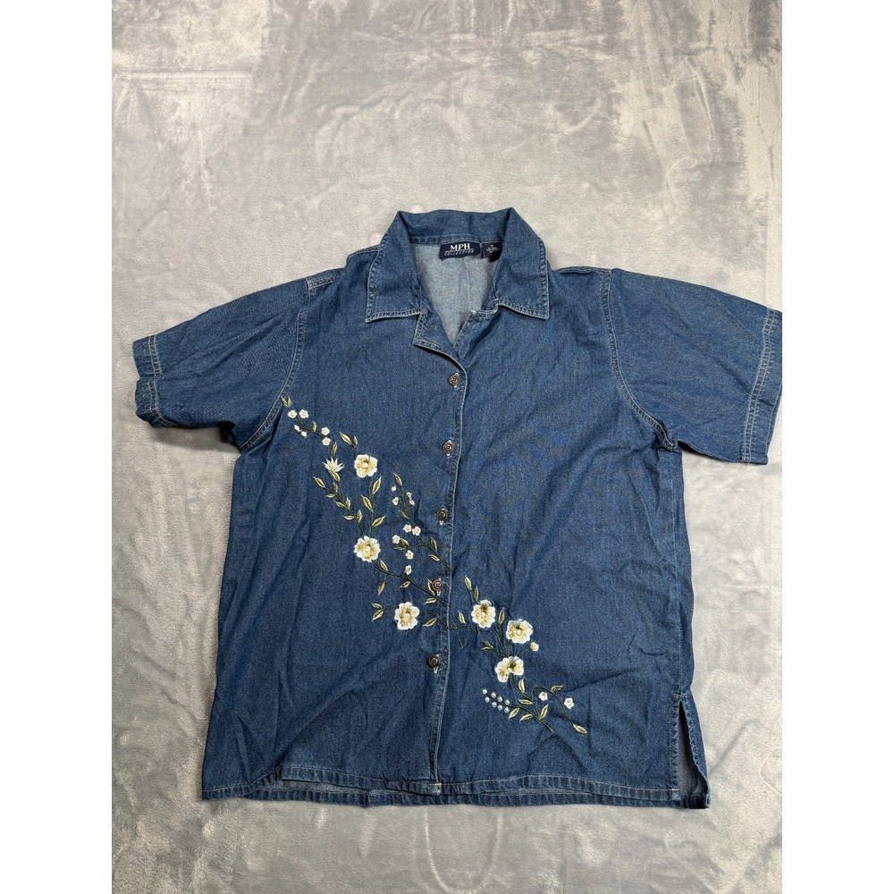 MPH Collection Womens XL Denim Chambray Button Front Shirt Floral Embroidered